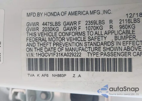 2019 Honda Accord Sport from USA, damaged, VIN 1HGCV1F31KA029222